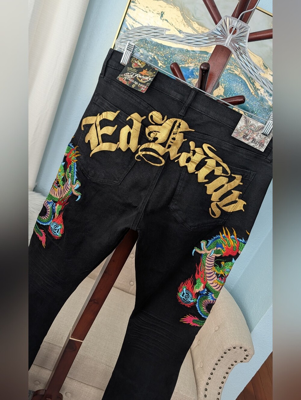 NEW Ed Hardy Men's Black Dragon Embroidered Jeans Sz 34